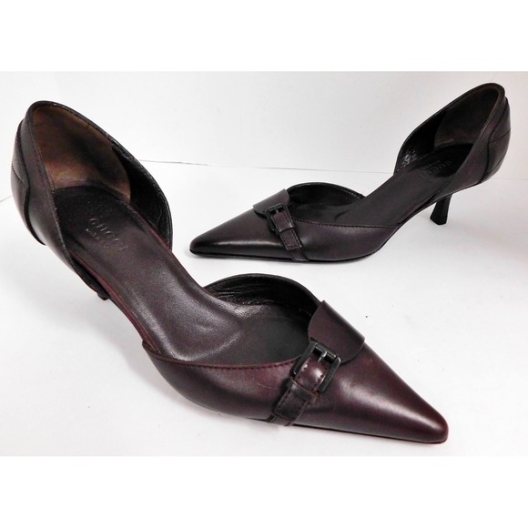 Gucci Shoes - Gucci Brown Leather Pointed Buckle Kitten Heel Pumps Sz 35 C